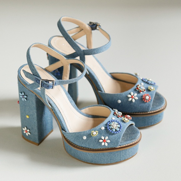 Zara Shoes - Zara Denim and Floral Embellished Chunky Heels